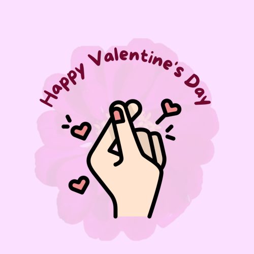 Happy valentines day, a hand on a pink background.