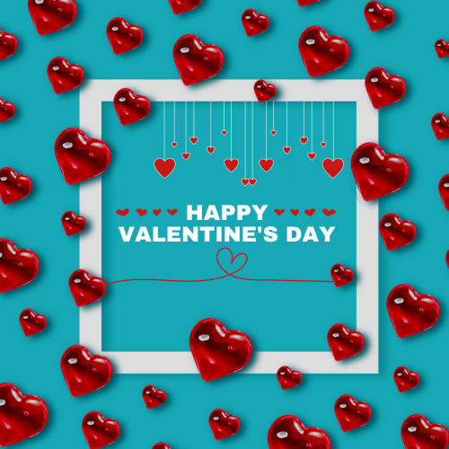 Sky blue background and lots of red hearts, Happy valentines day.