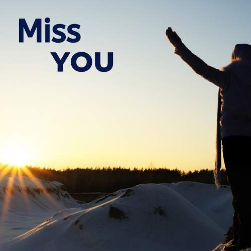 Miss You, man standing in the snow in front of sun.