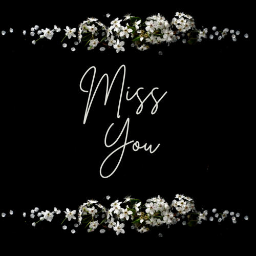 Black background white flowers on top and bottom, Miss you.