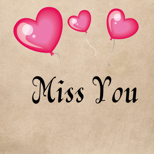 Miss You, lots of pink balloons on grey background.
