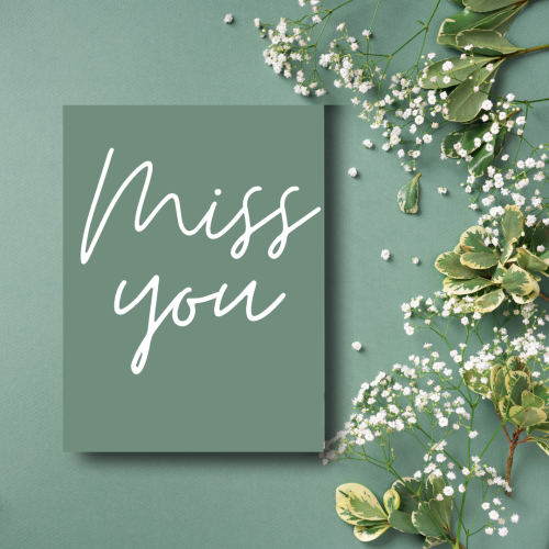 Miss You, flower and leaves on a light green background.