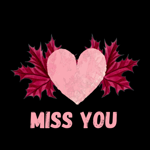 Pink heart and pink leaves on a black background, Miss You.