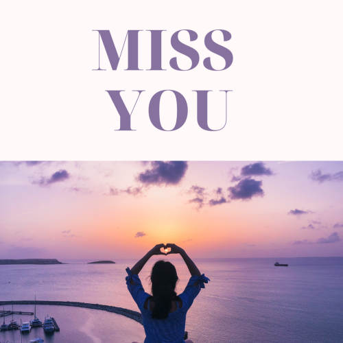 A girl on a boat and make heart shape with the help on her hands, Miss You.