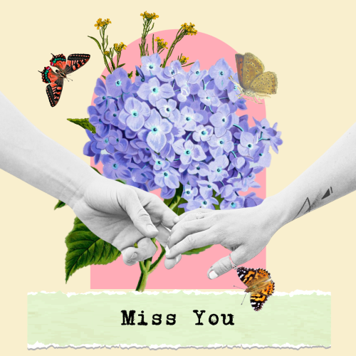 A hand shake and blue color flowers bokeh,  Miss You.